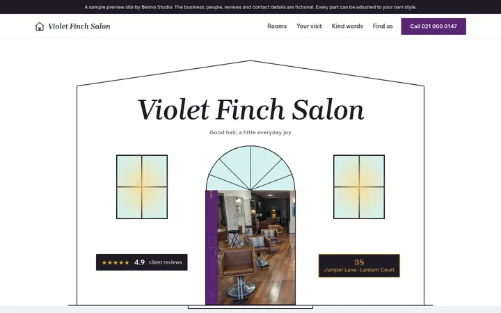 Homepage preview for Violet Finch Salon, a sample business