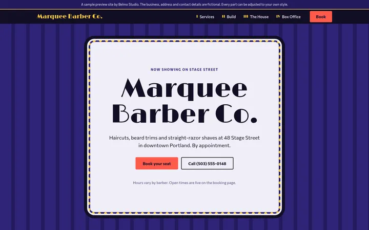 Homepage preview for Marquee Barber Co., a sample business