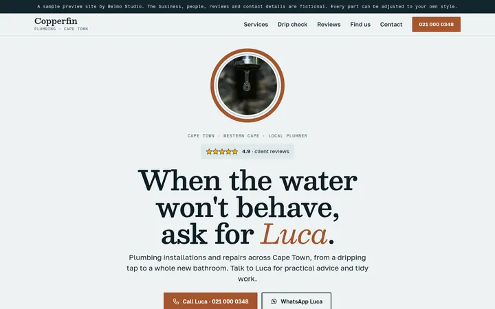 Homepage preview for Copperfin Plumbing, a sample business