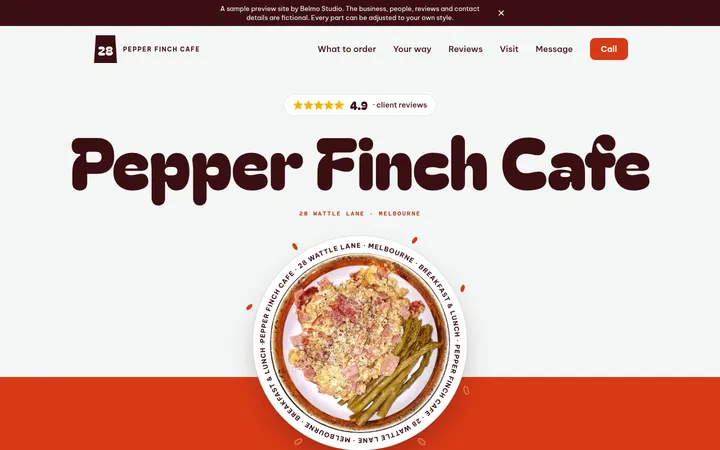 Homepage preview for Pepper Finch Cafe, a sample business