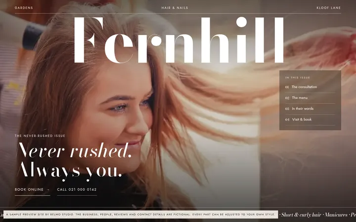 Homepage preview for Fernhill Hair & Nails, a sample business